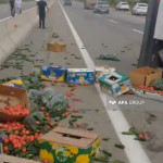 <p>Ucarda yük maşını aşıb, avtomobildə olan pomidor-xiyar yola dağılıb - FOTO&nbsp;</p>